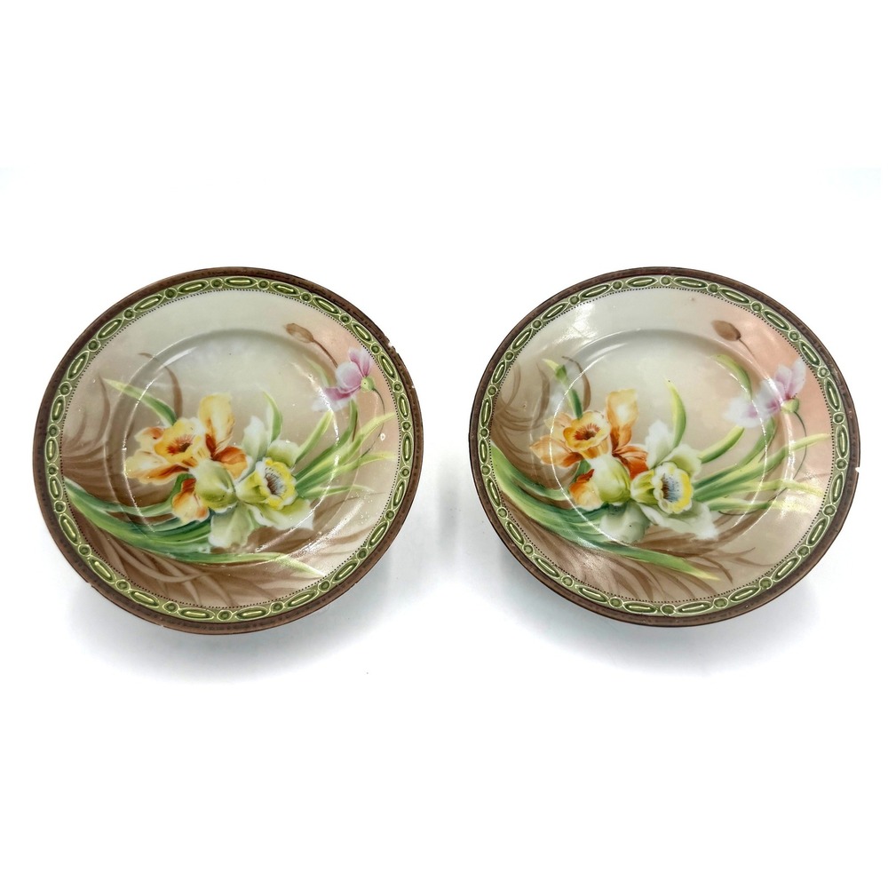 Hand Painted Nippon Floral Plates 6.25" Multi-Color Set of 2 Early 1900s